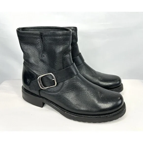Frye Veronica Bootie Women's Size 7.5 B Black Motorcycle Boot Strap Buckle - Picture 1 of 11